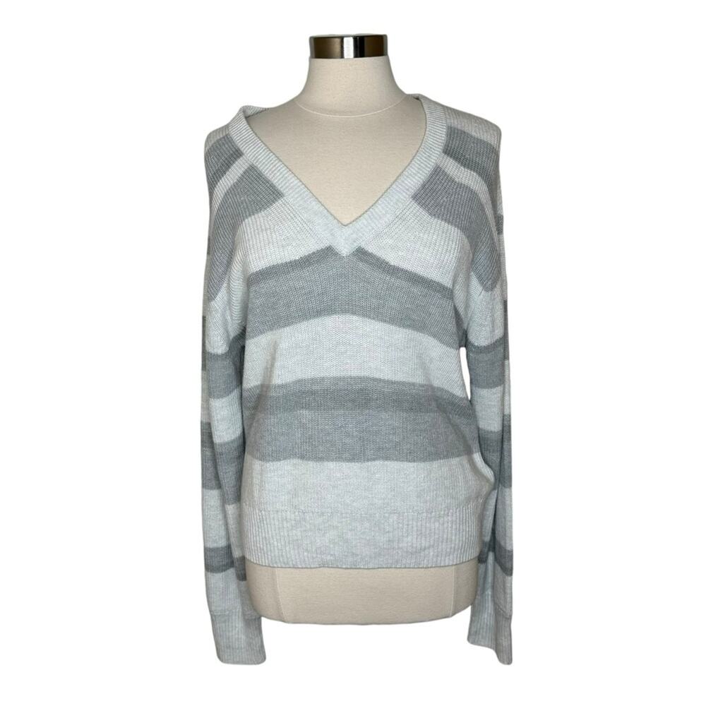 Paige Negin Striped V-Neck Knit Sweater in Marled Gray Stripe Women's Large